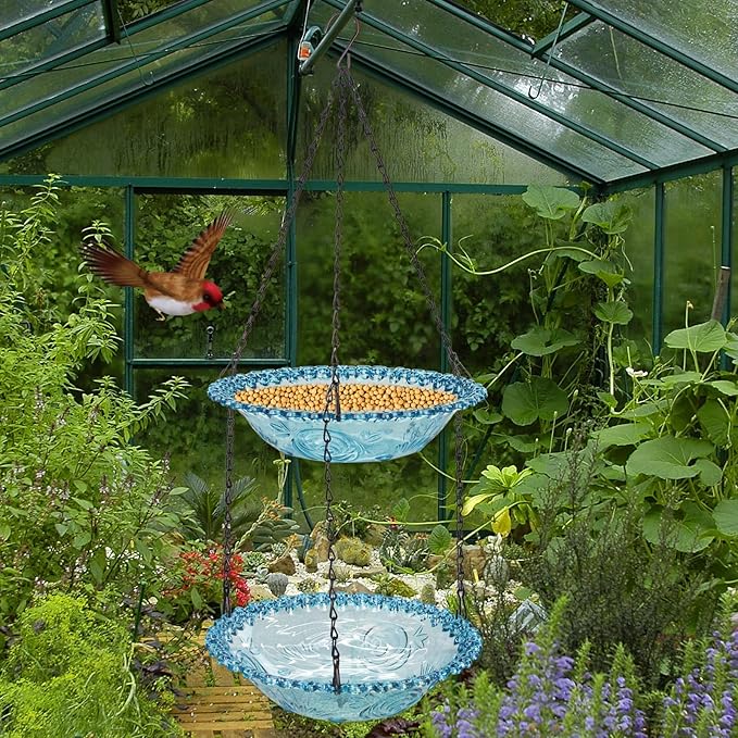 Bird Bath Hanging Seed Feeder Garden Plate Hanging Tray for Wild Backyard Attracting Birds (Blue-Doulbe Bath)