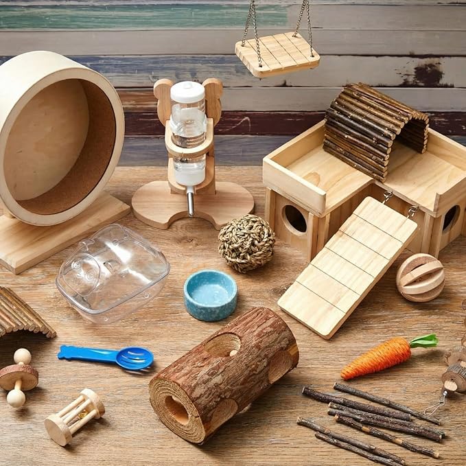 19 Pcs Hamster Cage Accessories & Habitat Set, Wooden Silent Exercise Wheel Wood Hide Out Tree Trunk Tunnel Tube Water Bottle Set Sand Bath Bowl Chew Toys for Dwarf Hamster Gerbil Mouse