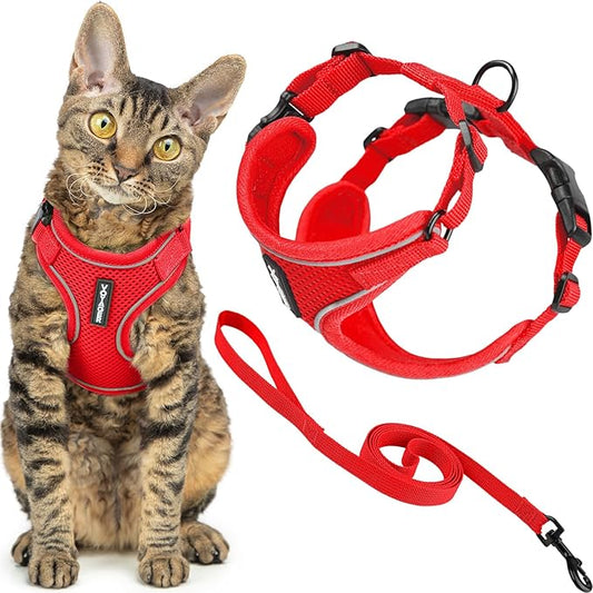 Voyager Escape-Proof Step-in Lock Cat Harness & 5ft Neoprene-Handle Leash Set All-Weather Mesh with Reflective Stitching for Small to Large Cats by Best Pet Supplies, Red (327), S