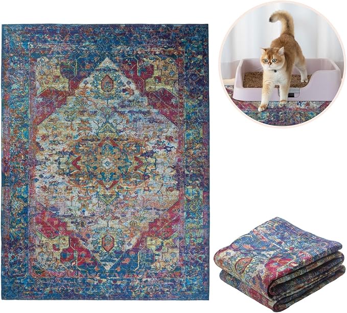 Lovewag Pets Cat Litter Mat 2 Pack - Large 36x48 Machine Washable Easy Clean Non-Slip Waterproof Mats for Cats - Bohemian Jewel