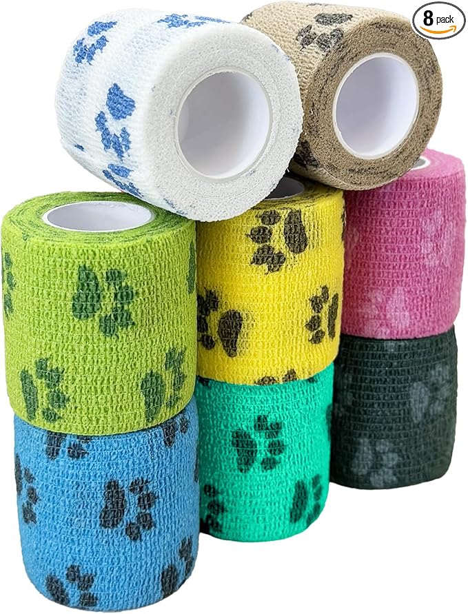 Paw Design Self Adhesive Bandage, Elastic Cohesive Wrap for Gear Grip & Cable Organizing, 2 Inches X 5 Yards, 8 Rolls, Rainbow Paw
