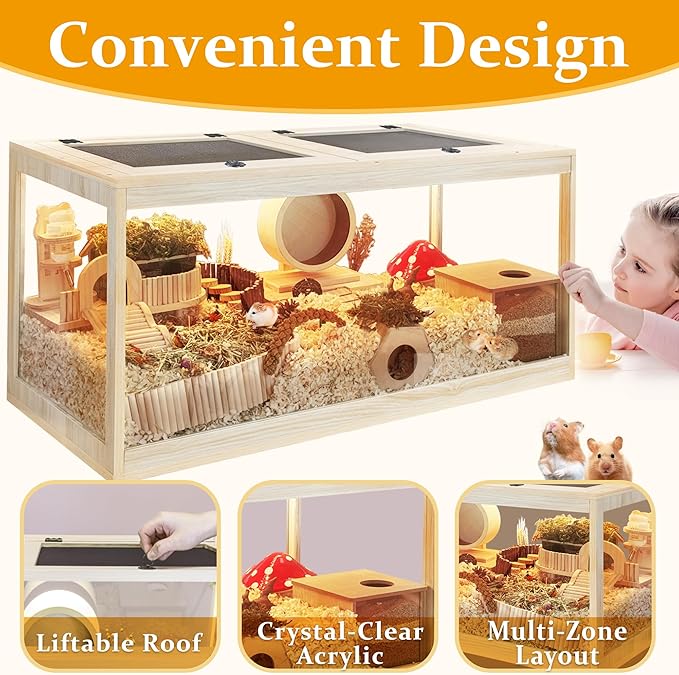 PROLEE Hamster Cage with Metal Mesh Top, Chewproof Wooden Guinea Pig Cages, Mice and Rat Habitat,Large Hamster Cages with Acrylic Sheets Solid Built (32X16X16 Inch)