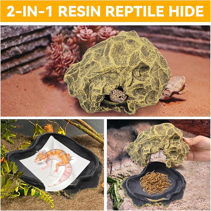 Small Hideout for Reptiles,Reptile Hide Cave Resin Gecko Habitat Decor 2 in 1 Multi-Functional Leopard Gecko Tank Accessories Hideout with Detachable Base as Food Bowl
