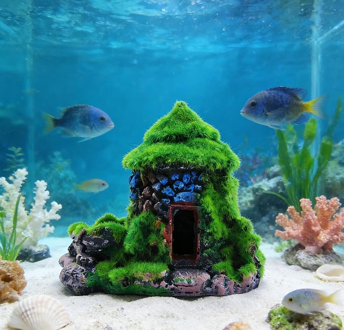 M2cbridge Aquarium Decorations Fish Hideout House Betta Cave with Green Lifelike Moss (Style 1)