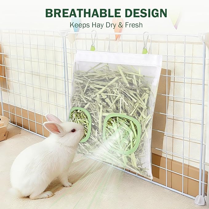 Mesh Guinea Pig Hay Feeder Bag for Guinea Pigs Rabbits Chinchillas, Hanging 2-Hole Hay Dispenser Breathable Wear-Resistant (White)