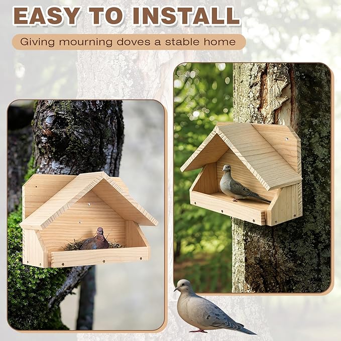 Briwooody Wooden Open Mourning Dove Nesting Box for Outside Dove Bird House 14 H x 10 W x 5.3 L Inches Bird Nesting and Roosting Platform Hanging Birdhouse Garden Decoration (Triangular Roof, Brown)