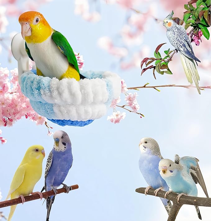 Warm Bird Nest Bed with Suction Cup Bird Snuggle Hut Breeding Bird House Plush Hanging Bird Bed for Parakeet, Conure, Budgie, Cockatiel, Lovebird, Finch, Hamster-Blue