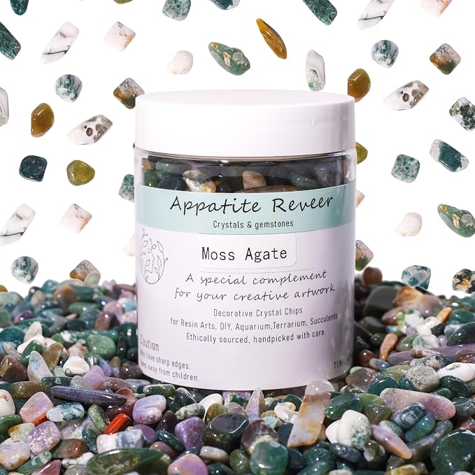 Moss Agate Crystal Chips 1lb (1000+ pcs)-5-8mm Natural Dendritic Stones for Aquarium Gravel, Terrariums, Plant Growth, Jewelry Making & Abundance Grids,Safe for Fish Tanks & Fairy Gardens