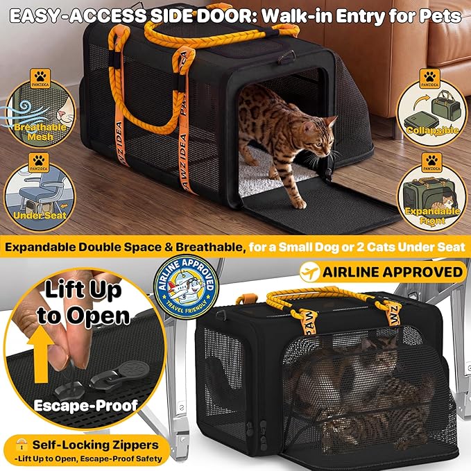 PAWZIDEA Expandable Pet Carrier with Wheels, 18"x11"x11" TSA Airline Approved Cat Carrier for 2 Cats Under Seat, Collapsible Soft-Sided Small Dog Rolling Travel Bag with Telescopic Handle, Up to 18lbs