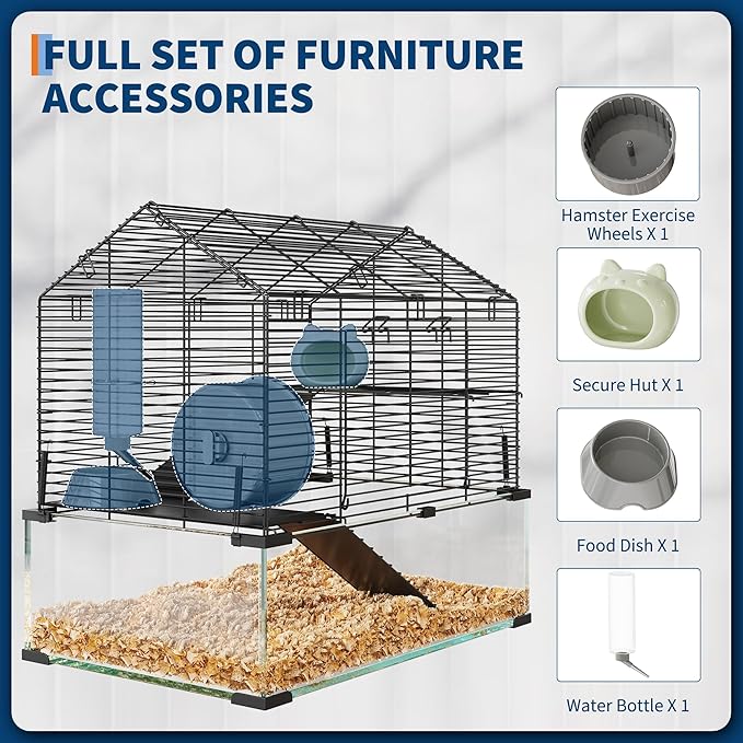 Hamster Cage Starter Kits, Guinea Pig Cage with 3-Layer Platform,Wheel,Water Bottle, Hideout,Bowl Accessories, Pet Rat Cage for Chinchillas, Hedgehog, Syrian, Gerbil-Chew Proof Metal