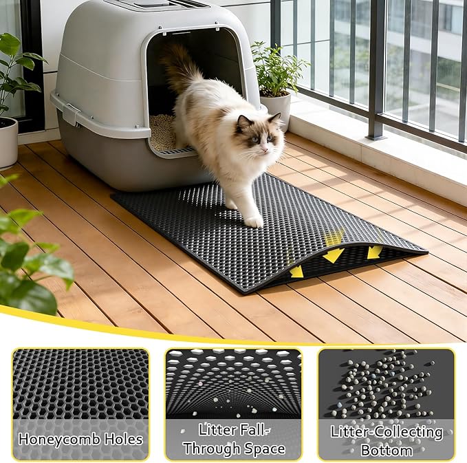 Cat Litter Mat, 15"X24" Small Double Layer Litter Trapping Mat, Waterproof/Urineproof, Easy to Clean Kitty Litter Mats for Floor, Scatter Control (Black-1Pack)