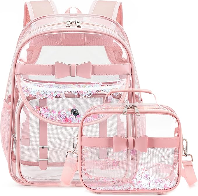 Clear Backpack for Girls and Boys 2PCS Heavy Duty Bookbag Stadium Approved Daypack Transparent School Bag See Through Backpacks for Kids Elementary,Students,College,Teens,Concert,Sports Pink