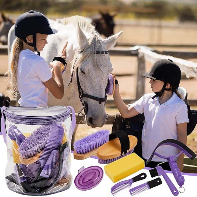 Cunhill 9 Pcs Horse Grooming Kit Tack Room Supplies Set with Tote Bag, Oval Massage Curry, Hard and Soft Brush, Hoof Pick, Sweat Scraper, Bathing Sponge, Comb for Horse Rider(Cute,Purple)