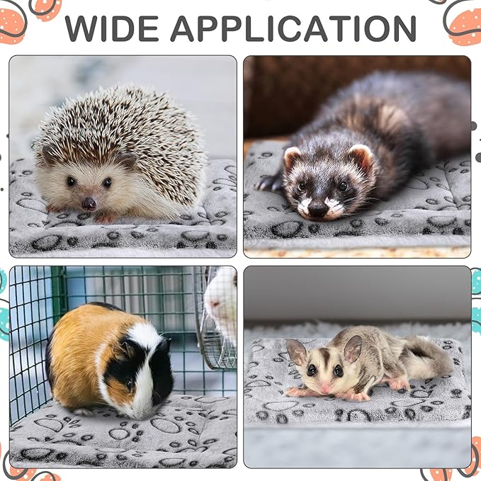 Haull 4 Pcs Waterproof Guinea Pig Bedding Guinea Pig Bed Plush Cage Liners Soft Rabbit Dog Crate Pad Cat Mat Reversible Cozy Animal Pee Pad Hamster Bunny Mat Accessory(Gray Paw,13 x 10 Inch)