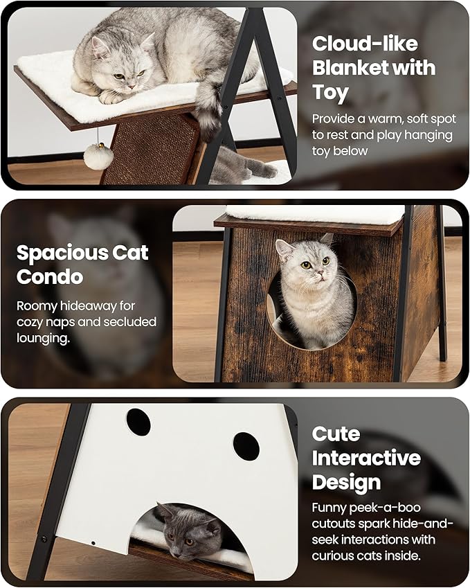 Modern Wood Cat Tree Tower for Indoor Cats Large Adult - 67 Inch Tall Multi-Level Heavy Duty Cat Condo Trees Furniture with Caves Perch Bed Scratching Board -XL Big Wooden Kitty House