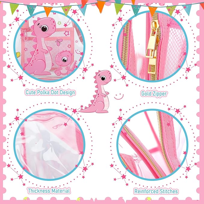 Kacctyen 3 Pcs Clear Backpack Heavy Duty Clear Stadium Bag Transparent Backpack with Lunch Bag(Pink,Dinosaur)