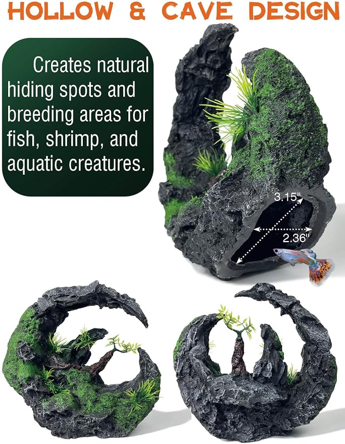 Aquarium Decor - Large Moon Shaped Cave Ornament for Fish Tank, Aquarium Hideout with Rock Texture for Betta, Guppy, Shrimp - Safe Aquatic Decoration,Fish Hiding House (Moon Valley)