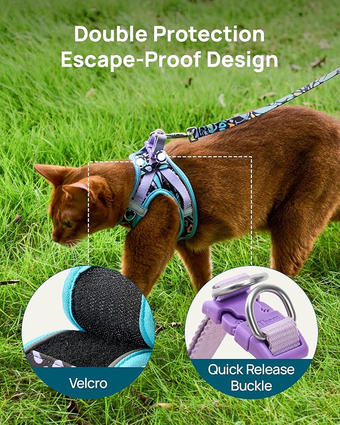 PetThem Upgraded Cat Harness and Leash Set - Step-in Escape Proof Adjustable Cat Harness, Comfortable Soft Lightweight, Reflective Harness for Walking, Travel, Camping (Butterfly Magic, S)