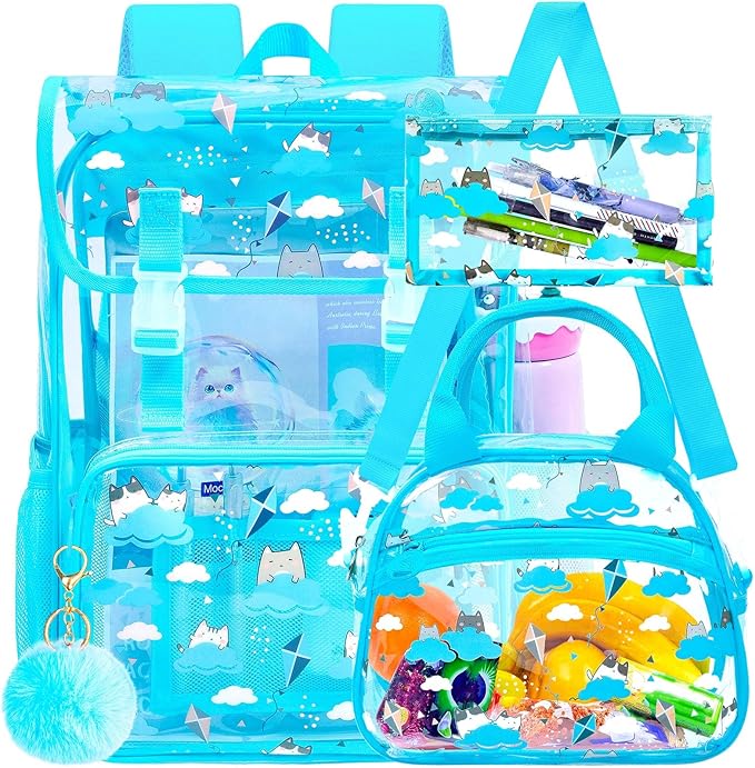 17" Cat Clear Backpack for Girls - 3Pcs Flip Design Stadium Approved Set, Campus/School Transparent Bookbag (Blue)