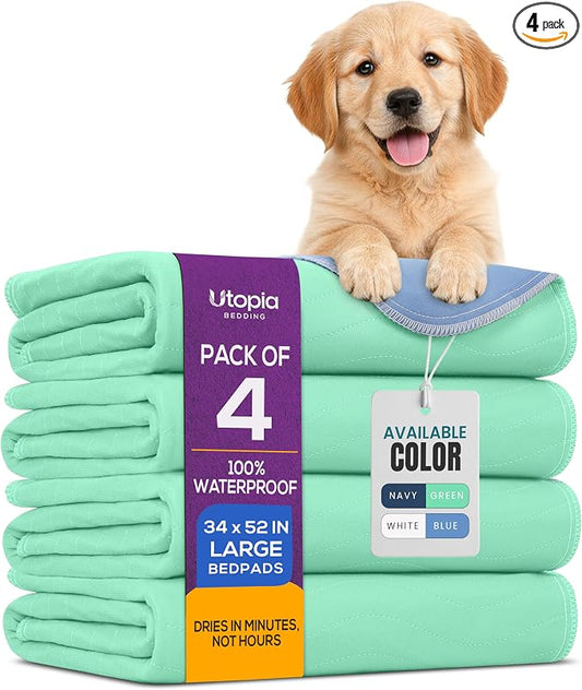 Utopia Bedding Washable Pee Pads for Dogs 34" x 52" (Pack of 4), Waterproof Incontinence Bed Pads for Adults, Elderly and Kids, Heavy Absorbency Pet Training Pads for Sofa and Couch (Green,Blue)