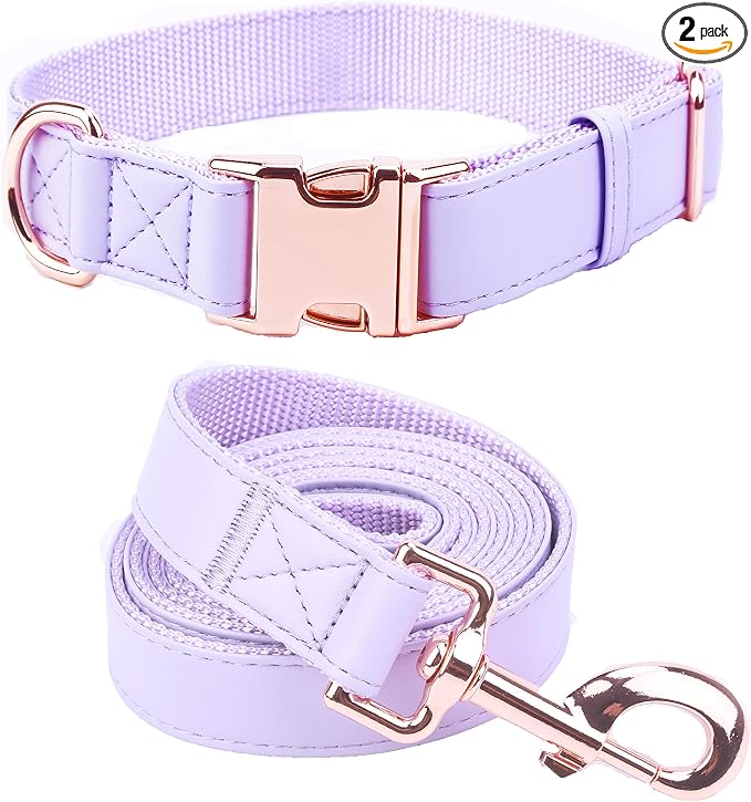 Dog Collar and Leash Set.Soft and Easy to Clean Vegan Leather with Rose Gold Metal Buckle for Small Medium Large Dogs (Light Purple, S(12.2"-16.9"))