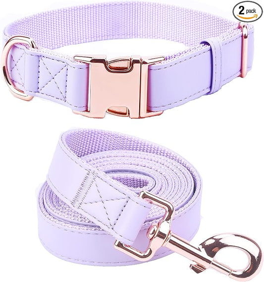Dog Collar and Leash Set.Soft and Easy to Clean Vegan Leather with Rose Gold Metal Buckle for Small Medium Large Dogs (Light Purple, L(15.4”-24.8“)