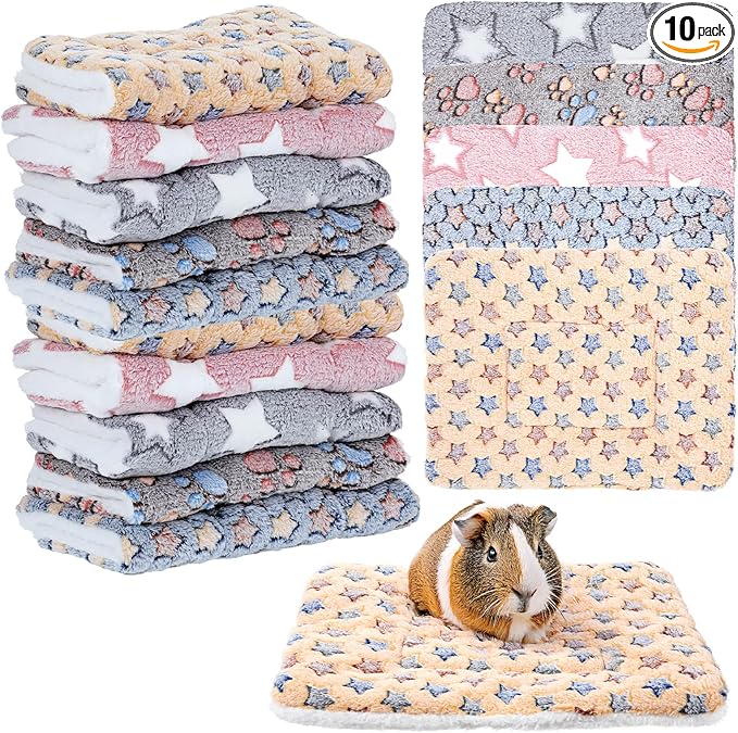 10 Pcs Guinea Pig Mats for Cage Washable, 13 x 10.6 Inch Guinea Pig Fleece Cage Liners, Soft Pet Bedding Pads for Small Animals Like Bunny Hamster Hedgehogs Indoor Use (5 Colors)