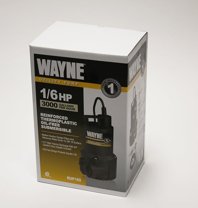 WAYNE RUP160-1/6 HP Reinforced Thermoplastic Submersible Multi-Use Pump - Up to 3,100 Gallons Per Hour - Heavy Duty Multi-Use Pump
