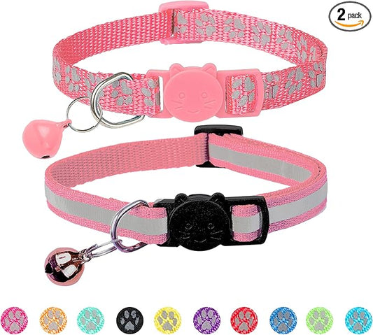 BANMODER 2 Pack Reflective Cat Collar Breakaway with Bell,Personalized Kitten Collars,Adjustable Safety Buckle Collar for Male Cats Girls & Boys (Pink)