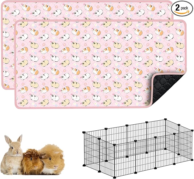 Guinea Pig Cage Liners, 59x31in 2 Pack Washable Guinea Pig Bedding, Waterproof Reusable & Anti Slip, Super Absorbent Guinea Pig Pee Pad for Small Animal, Rabbit, Bunny, Fit for C&C Cage, Pink