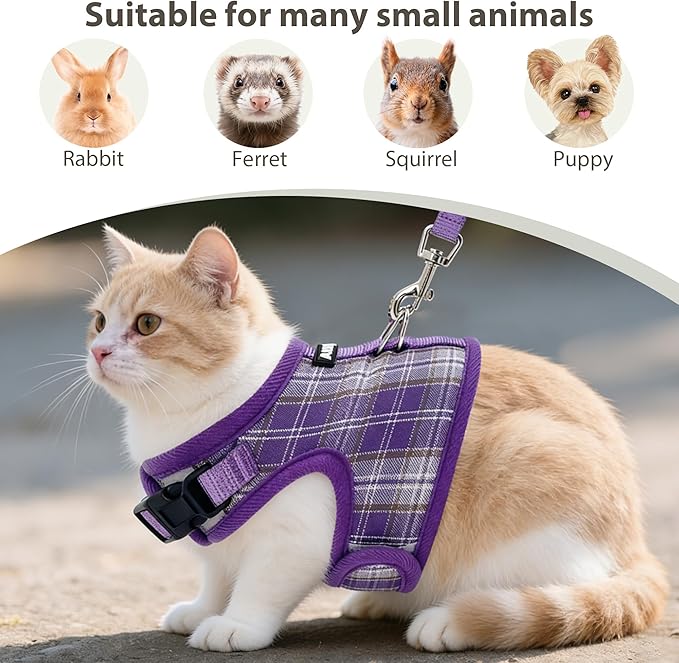 AIITLE Adjustable Bunny Harness & Leash Set - Soft Mesh Liner, Comfort Fit Plaid Pattern Vest with Magic Tape Design, Portable for Small Animal Pets Rat Squirrel Ferret Puppy Cat, Purple L