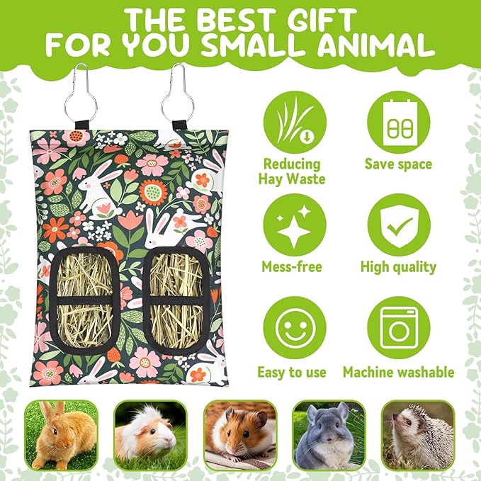 3 Pcs Rabbit Hay Feeder, 2-Hole Hanging Guinea Pig Hay Bags Washable Bunny Hay Bag for Rabbits, Chinchillas, Hamsters, Small Pets and Animals (11.8"×8.7")