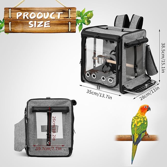 Bird Carrier with Seat Belt for Car Travel, Bird Backpack Carrier with Indestructible Stainless Steel Mesh, Large Bird Carrier Travel Cage, Grey