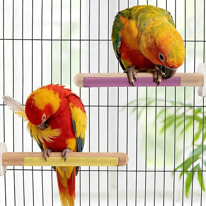 Wooden Bird Perch Stand with Grinding, 2Pcs Parrot Cage Stand Branch, No Hurt Foot Claw Grinding Bird Perch for Cockatiels, Parakeets, Lovebirds