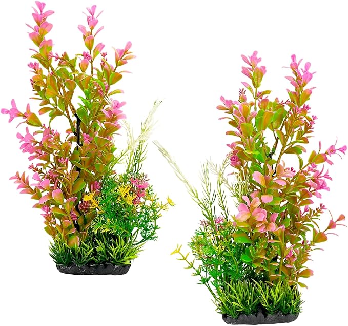 Aquarium Plants (2-Pack) Artificial Plastic Fish Fish Habitat Decor, Small to Moderate Size Aquarium Decorations, Safe Green Plants for Freshwater Tanks (Pink & Green Gradient)