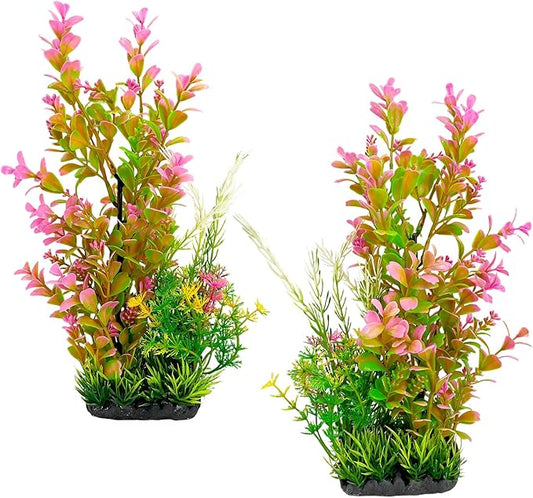 Aquarium Plants (2-Pack) Artificial Plastic Fish Fish Habitat Decor, Small to Moderate Size Aquarium Decorations, Safe Green Plants for Freshwater Tanks (Pink & Green Gradient)