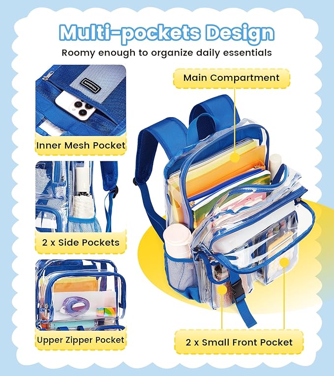 Vorspack Clear Backpack for School - Heavy Duty Transparent Bookbag for Girls Boys Large See Through backpacks for Work, College, Travel - Blue
