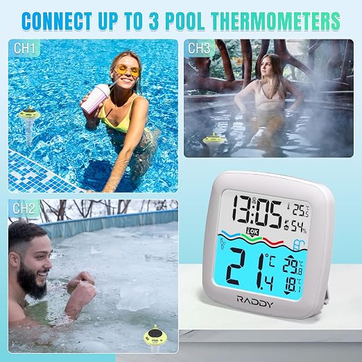 Raddy PT-5 Solar Floating Pool Thermometer, Waterproof TN Display | Solar & battery powered, digital display, for swimming pools, hot tubs, ponds, spas