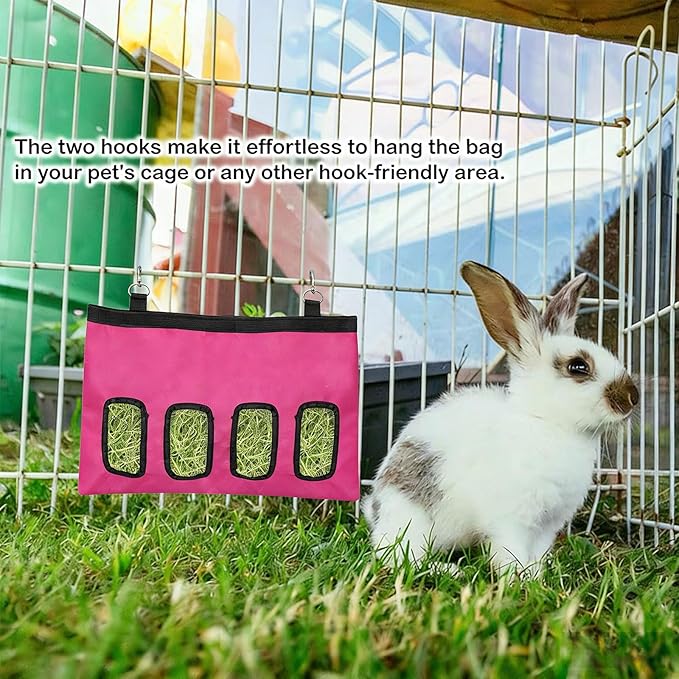 Rabbit Hay Feeder Bag, Large Capacity Rabbit Hay Bag Small Animal Hanging Hay Bag 600D Oxford Cloth Bunny Hay Feeder Bag for Rabbits Guinea Pigs Chinchillas (Rosered-4 Holes-1Pcs)