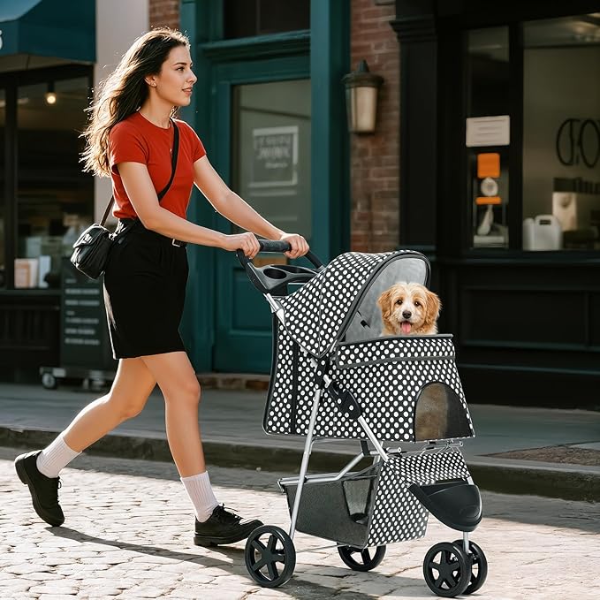 Pet Stroller for Small Dogs 10 lbs, Dog Stroller for Medium Dogs 30 lbs, Cat Strollers for 2 Cats, 3 Wheels Foldable Jogger Puppy Stroller with Storage Basket and Cup Holder, Black Polka Dots