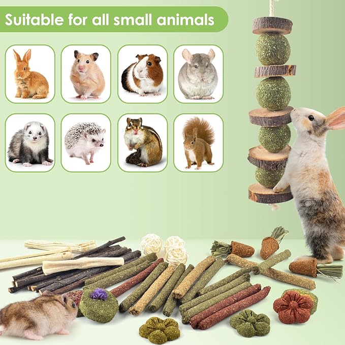 ERKOON 42PCS Rabbit Chew Toys, Natural Timothy Grass Cakes Guinea Pig Toys, Small Animal Teeth Grinding Treats for Bunny Hamster Chinchilla, Safe Dental Care Snacks