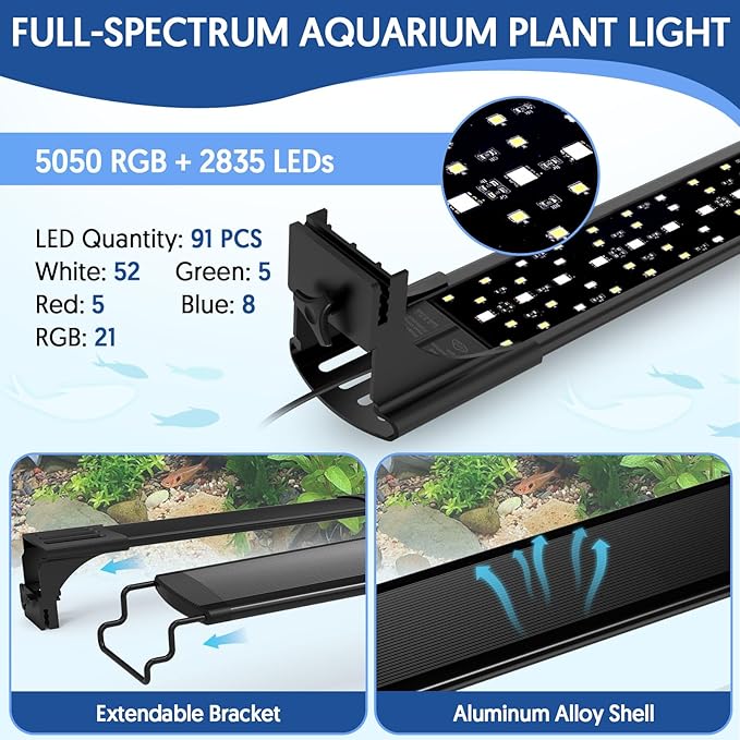 QZQ LED Aquarium Light, 24W Fish Tank Light with 24/7 Lighting Mode, Timer, DIY Mode, Adjustable Brightness, Full Spectrum Aquarium Plant Light with Extendable Brackets for 14-20 Inch Fish Tank
