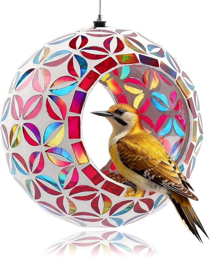 VOREEN Mosaic Glass Bird Feeder, Handcrafted Hanging Fly-Through Feeder for Outdoor Garden & Backyard, Decorative Wild Bird Feeder with Steel Wire Cable –Colorful Floral Mosaic Style