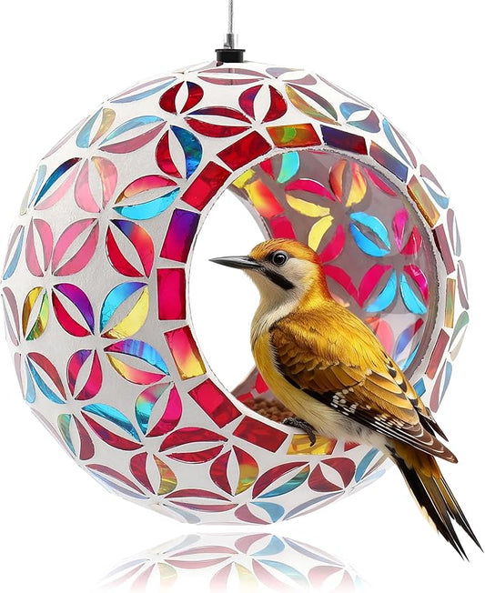VOREEN Mosaic Glass Bird Feeder, Handcrafted Hanging Fly-Through Feeder for Outdoor Garden & Backyard, Decorative Wild Bird Feeder with Steel Wire Cable –Colorful Floral Mosaic Style