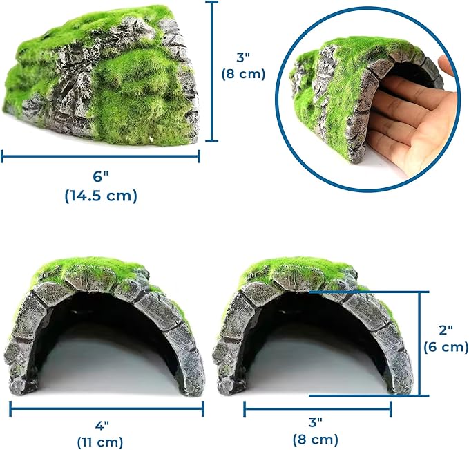 SunGrow Reptile Hideout Cave with Artificial Moss, Rock Habitat Shelter for Lizards, Snakes, Geckos, Frogs & Aquariums, Durable Resin Cave Decor, 6 x 3 x 4 Inches