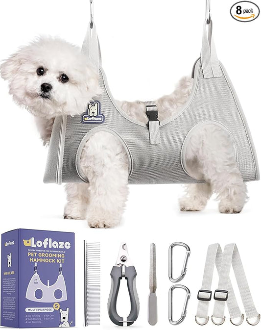 Loflaze Dog Grooming Hammock Harness for Dogs & Cats with Pet Nail Clipper Trimmer - Cat Hanger Sling for Trimming Clipping Nails- Dog Hammock Restraint Bag for Small Medium Large pet （ Grey S ）