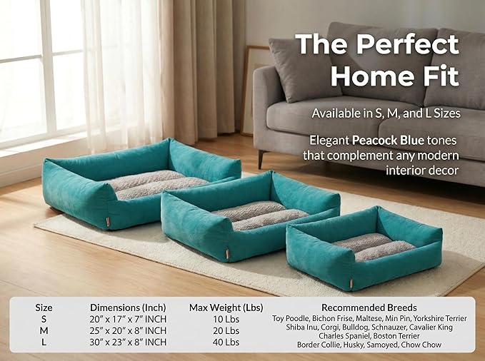 Miguel Cat and Dog Bed, Bolster, Small 20"x17"x7", Up to 10lbs, Washable, Polycotton Fill, Blue, Square, Solid