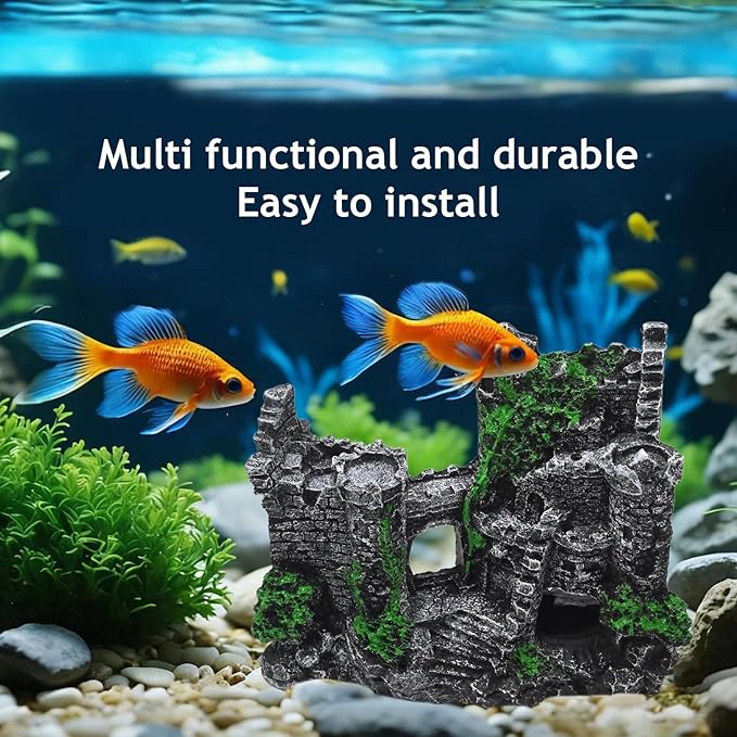 Aquarium Resin Castle Decor, Large Ancient Stone Castle Fish Tank Ornament with Caves & Tunnels, Realistic Hideout for Betta Fish, Guppies, Shrimp, Turtles (Freshwater & Saltwater Safe)