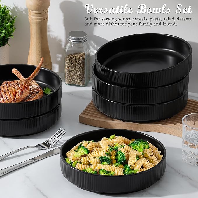 E-far Pasta Bowls Set of 6, 35oz Large Salad Bowl Plate for Dinner Serving Soup, Wide & Shallow Ceramic Stoneware Pasta Plates, Microwave & Dishwasher Safe, Reactive Glaze Texture-Stripe, Matte Black