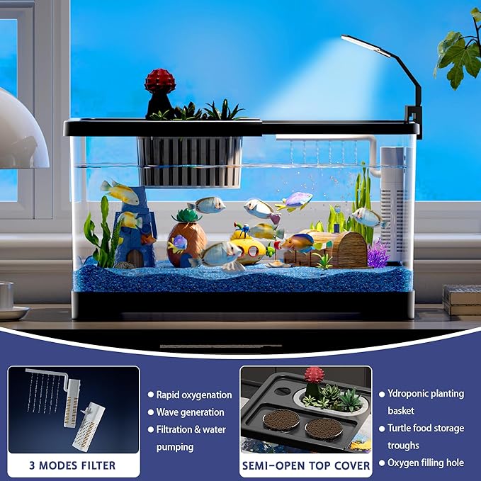 5.3 Gallon Fish Tank, 9 in 1 Betta Fish Tank, Aquarium with LED Full Spectrum 3 Color Light, 3 Modes Filter, Hydroponic Basket, Fishing Net, Shells, Aquatic Plant, Coral, Pebbles, Starter Kit (Black)